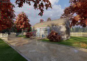 A rendering of a custom home addition with a stone exterior, blue door, and grid windows surrounded by red trees